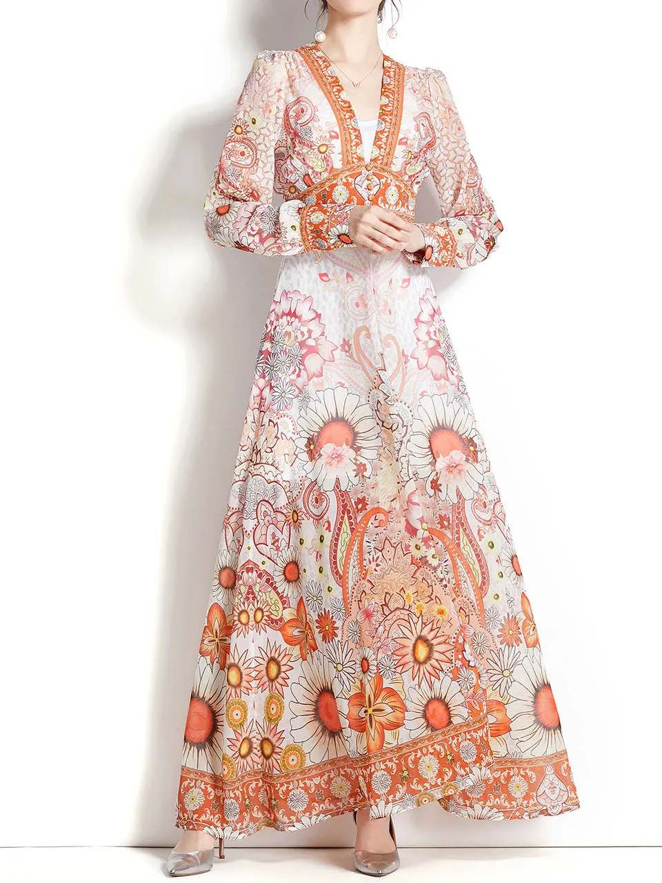 Purple V Neck Ruffles Lantern Sleeve Bohemian Dress Maxi Dress