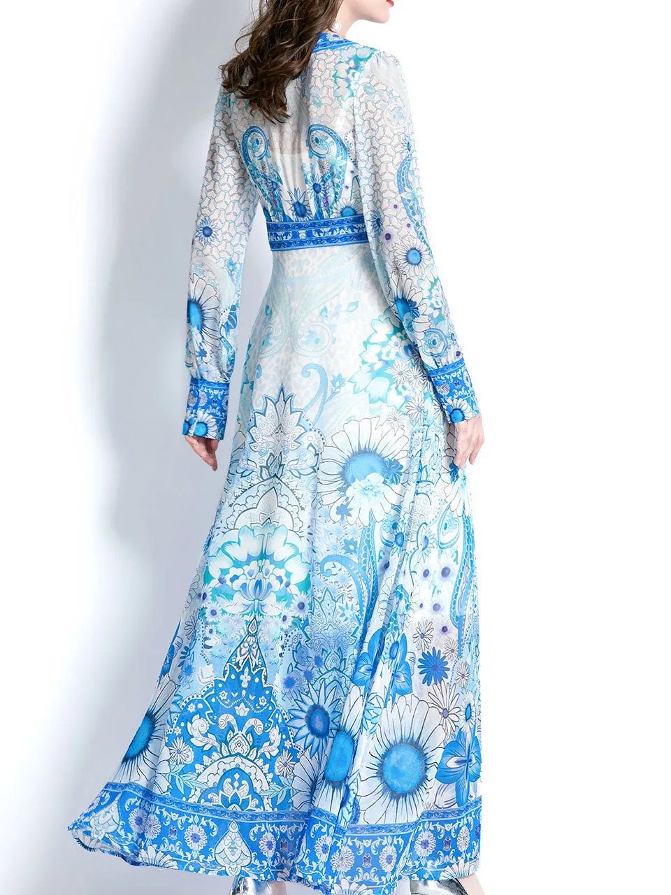 Purple V Neck Ruffles Lantern Sleeve Bohemian Dress Maxi Dress