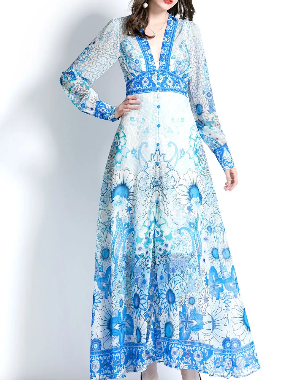 Purple V Neck Ruffles Lantern Sleeve Bohemian Dress Maxi Dress