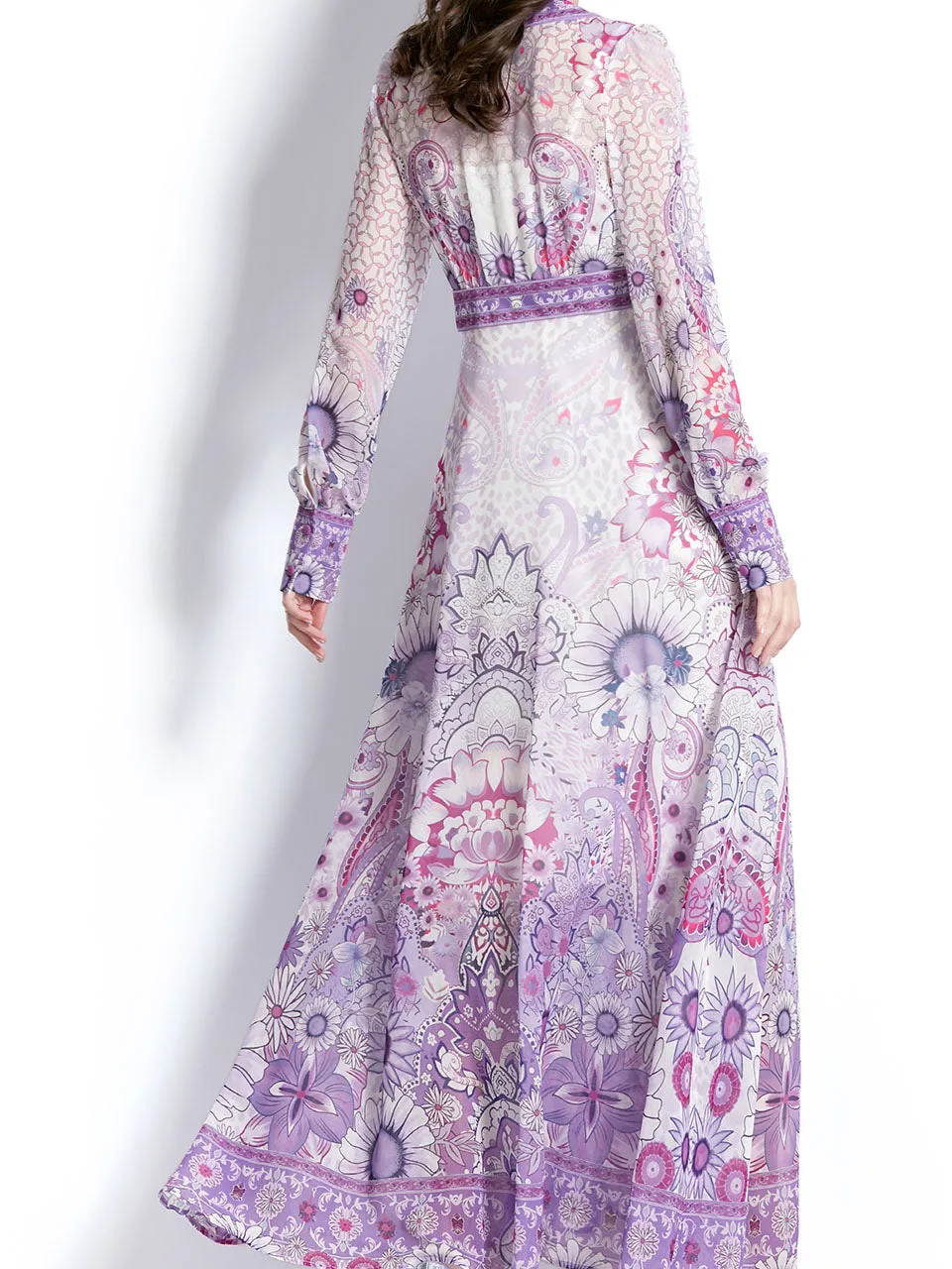 Purple V Neck Ruffles Lantern Sleeve Bohemian Dress Maxi Dress