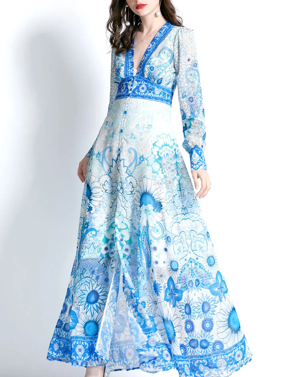 Purple V Neck Ruffles Lantern Sleeve Bohemian Dress Maxi Dress