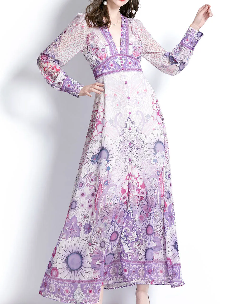Purple V Neck Ruffles Lantern Sleeve Bohemian Dress Maxi Dress
