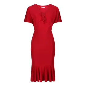 Red Waterfall Sleeve Tie Bust Peplum Hem Wiggle Dress Red Waterfall Sleeve Tie Bust Peplum Hem Wiggle Dress