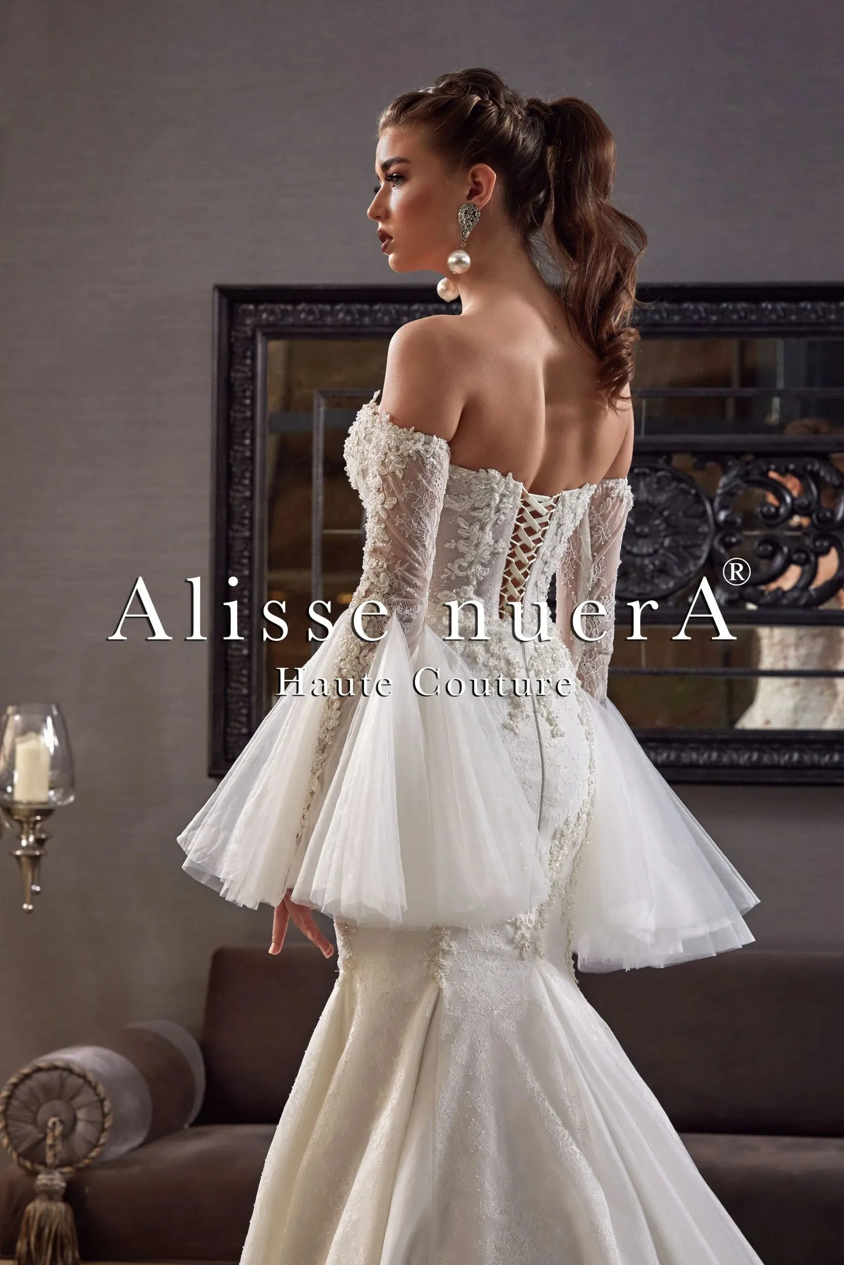 Sweetheart Floral Lace Mermaid Bridal Dress 2 in 1 Look With Detachable Long Sleeve