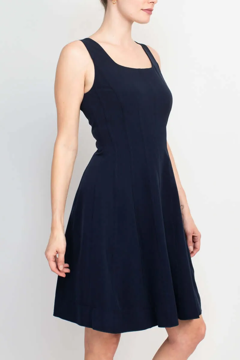 T Tahari Square Neck Sleeveless Zipper Side Solid A-Line Fit & Flare Stretch Crepe Dress
