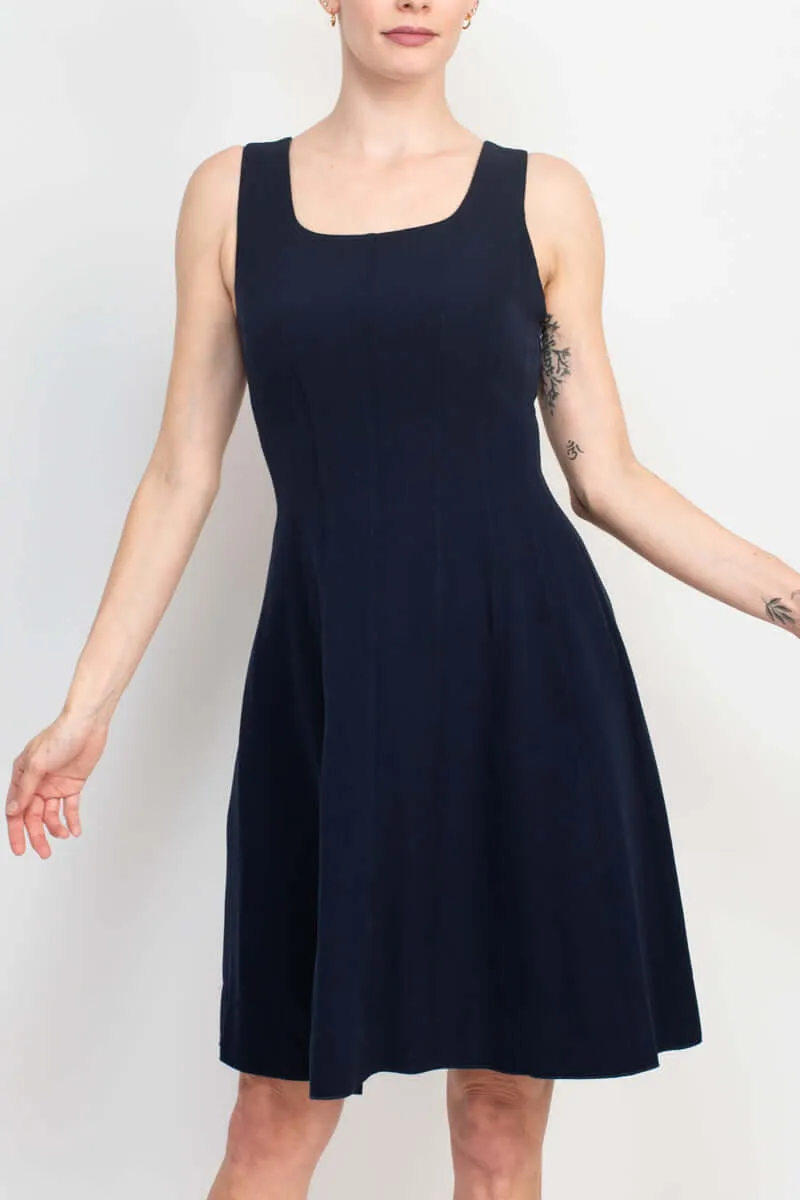 T Tahari Square Neck Sleeveless Zipper Side Solid A-Line Fit & Flare Stretch Crepe Dress