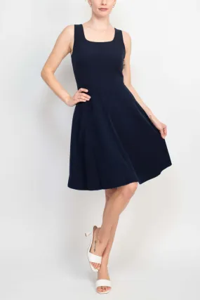 T Tahari Square Neck Sleeveless Zipper Side Solid A-Line Fit & Flare Stretch Crepe Dress