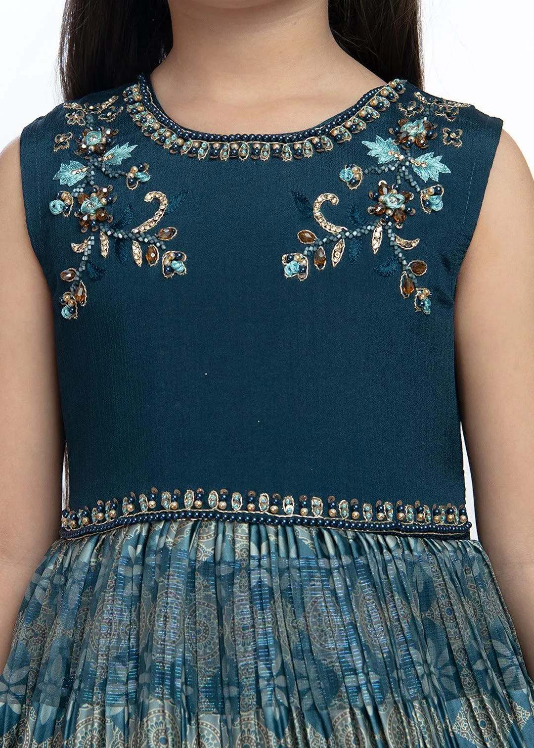 Teal Coloured Hand Embroidery Maxi Dress Gown For Girls