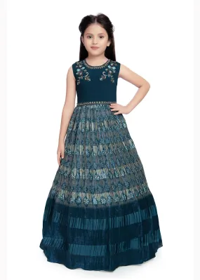 Teal Coloured Hand Embroidery Maxi Dress Gown For Girls
