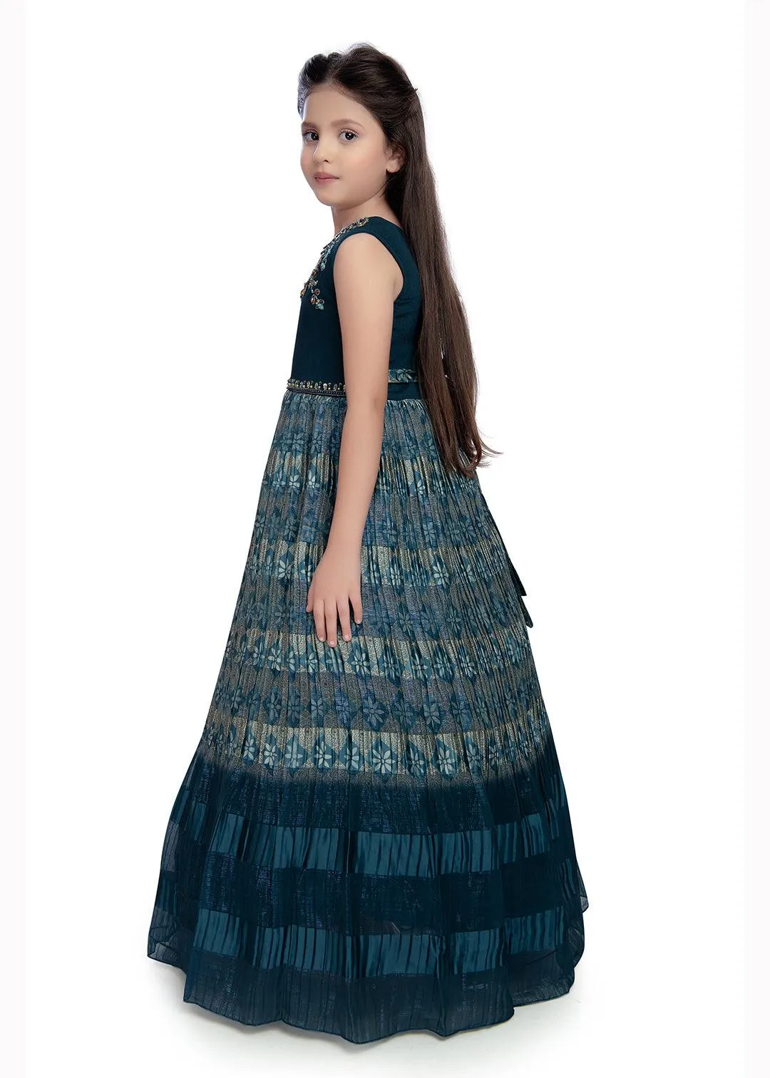 Teal Coloured Hand Embroidery Maxi Dress Gown For Girls