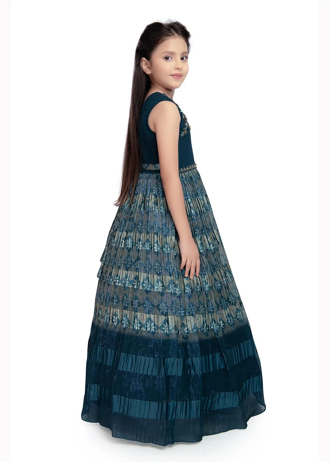 Teal Coloured Hand Embroidery Maxi Dress Gown For Girls