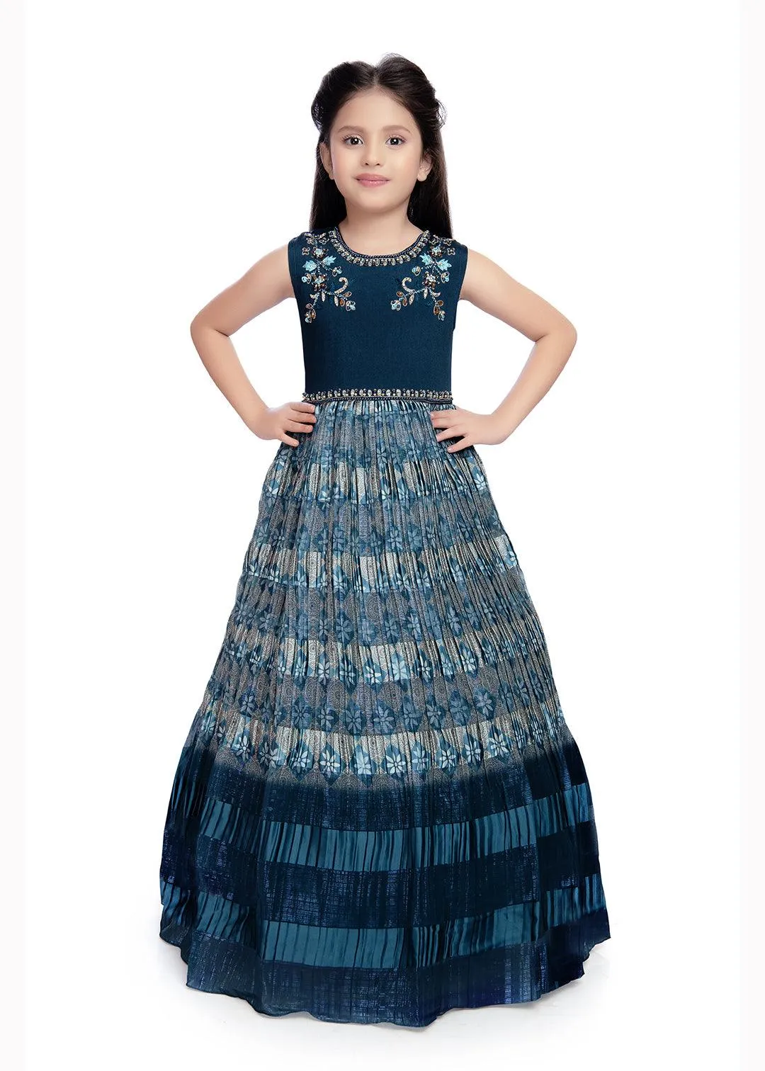 Teal Coloured Hand Embroidery Maxi Dress Gown For Girls