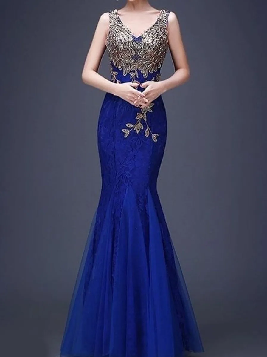 V-Neck Applique Mermaid Evening Dress