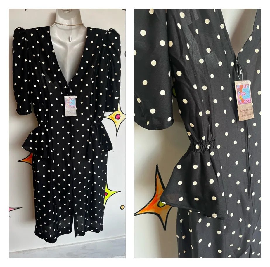 Vintage 80s | Black and White Peplum Puff Sleeve Party Dress | Size M