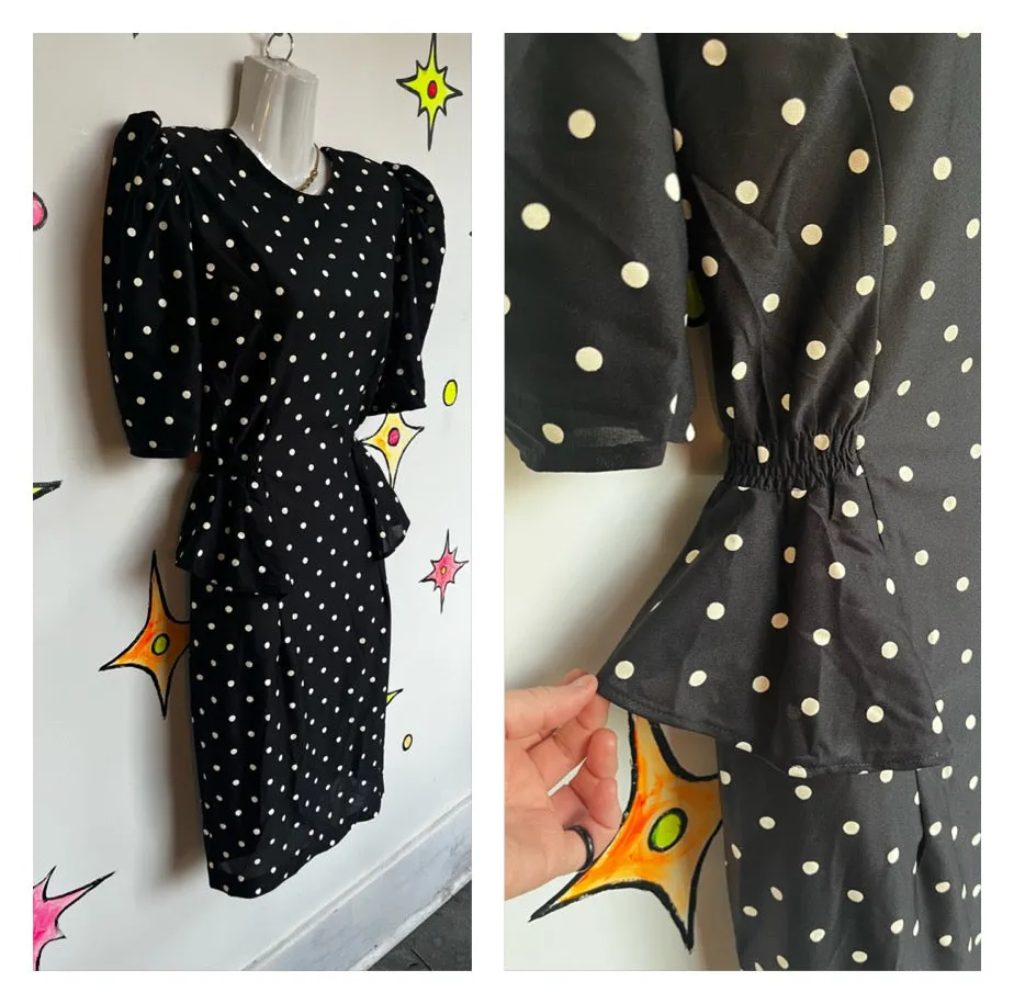 Vintage 80s | Black and White Peplum Puff Sleeve Party Dress | Size M