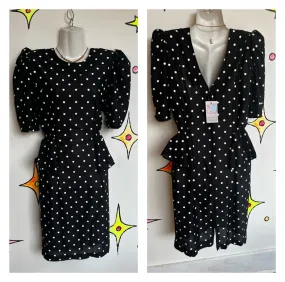 Vintage 80s | Black and White Peplum Puff Sleeve Party Dress | Size M