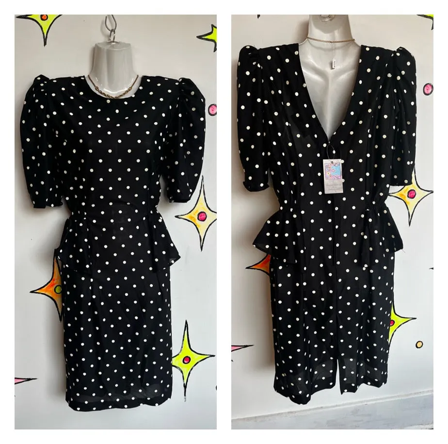 Vintage 80s | Black and White Peplum Puff Sleeve Party Dress | Size M