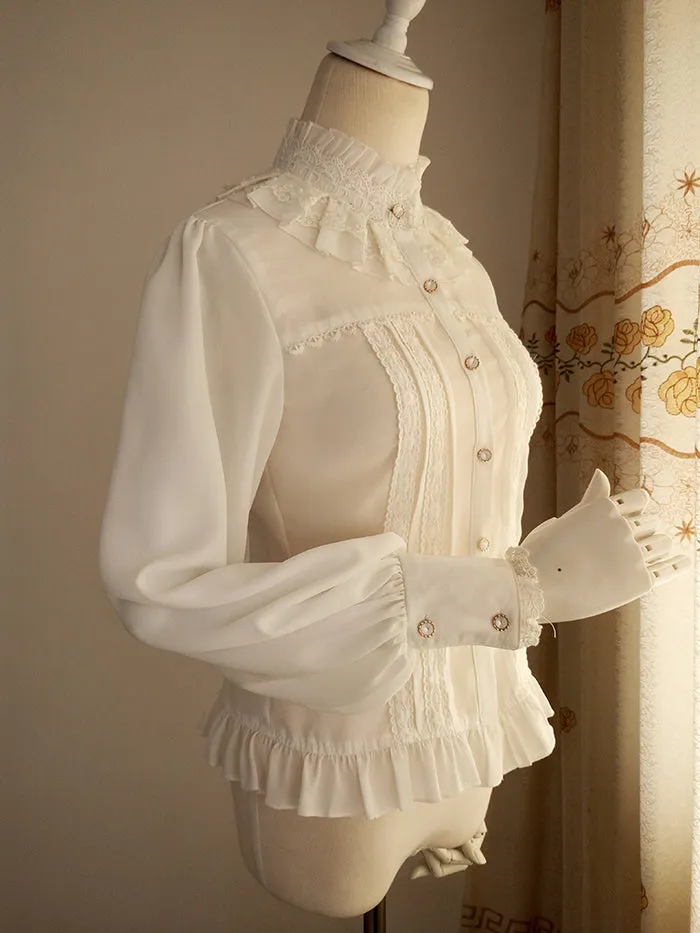 Vintage Women's Chiffon Blouse Sweet Long Lantern Sleeve High Collar Shirt with Lace Detailing