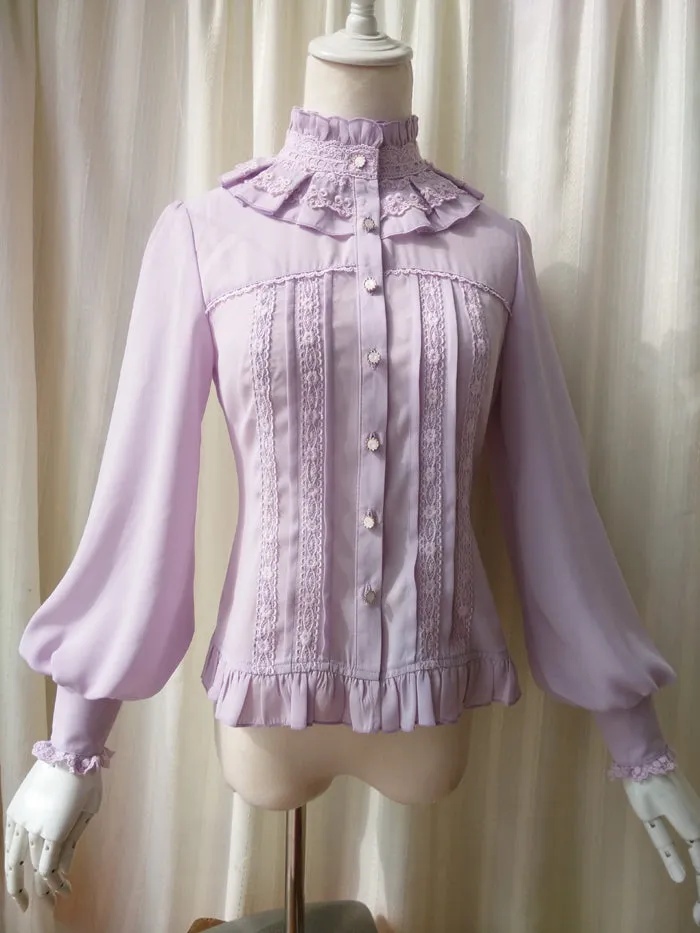 Vintage Women's Chiffon Blouse Sweet Long Lantern Sleeve High Collar Shirt with Lace Detailing