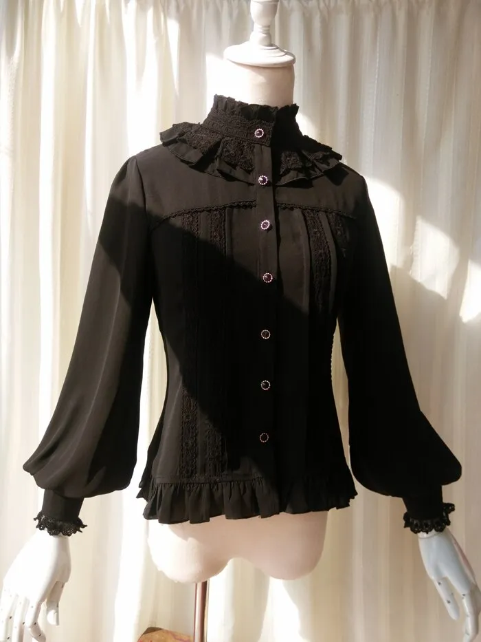 Vintage Women's Chiffon Blouse Sweet Long Lantern Sleeve High Collar Shirt with Lace Detailing