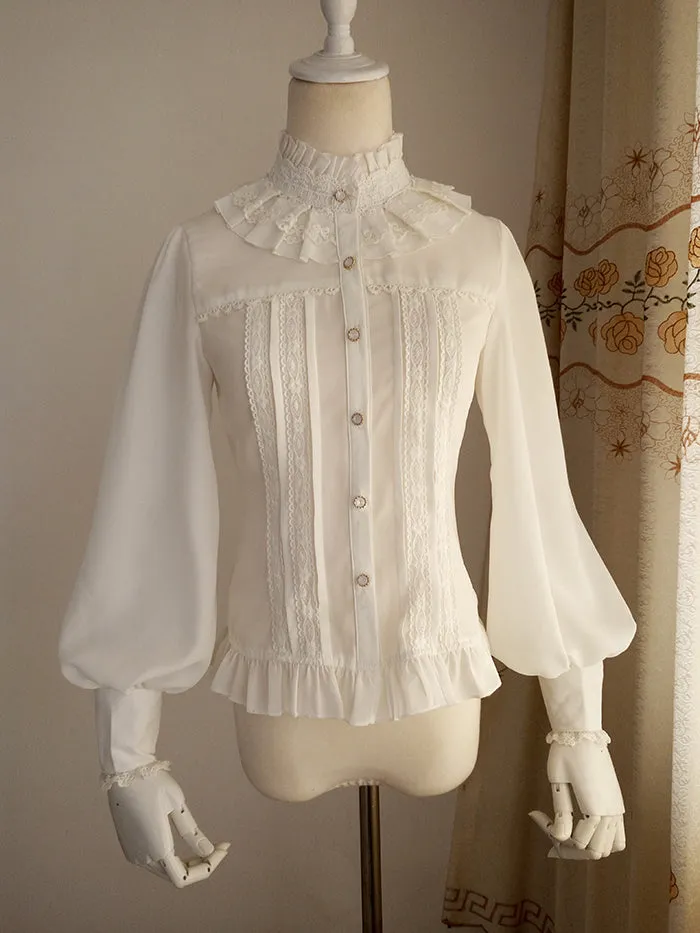 Vintage Women's Chiffon Blouse Sweet Long Lantern Sleeve High Collar Shirt with Lace Detailing
