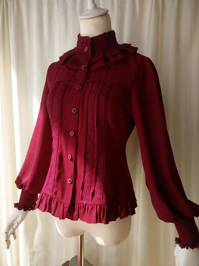 Vintage Women's Chiffon Blouse Sweet Long Lantern Sleeve High Collar Shirt with Lace Detailing