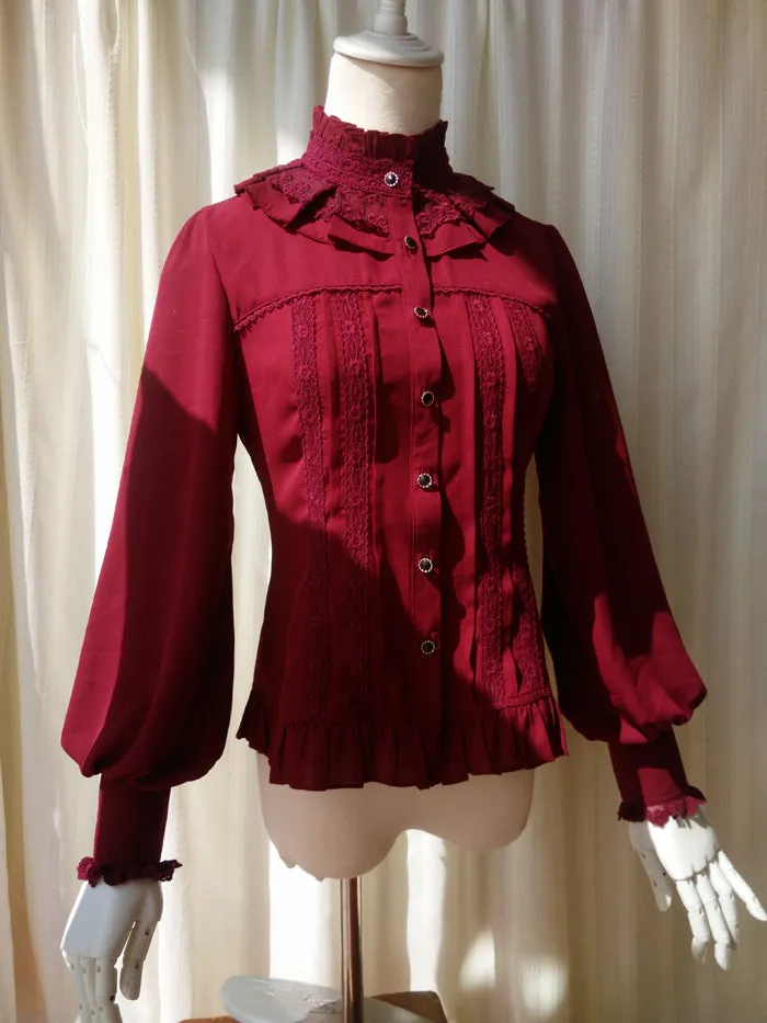 Vintage Women's Chiffon Blouse Sweet Long Lantern Sleeve High Collar Shirt with Lace Detailing