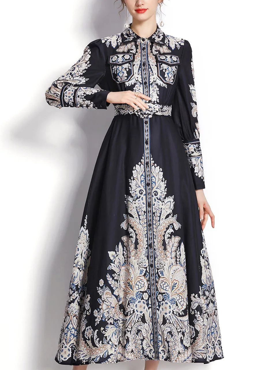 White Flower High Neck Floral Print Trumpet Sleeve Bohemian Dress Maxi Dress