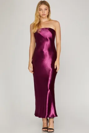 Wine Satin Tube Woven Maxi Dress