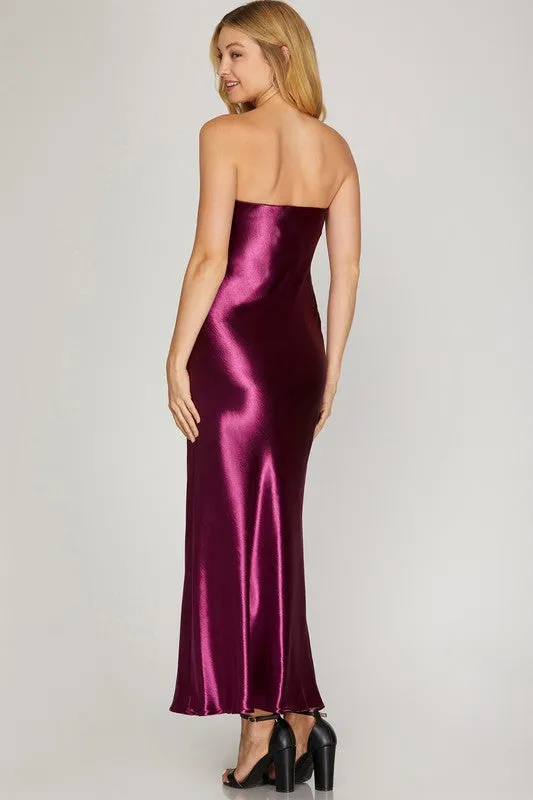 Wine Satin Tube Woven Maxi Dress