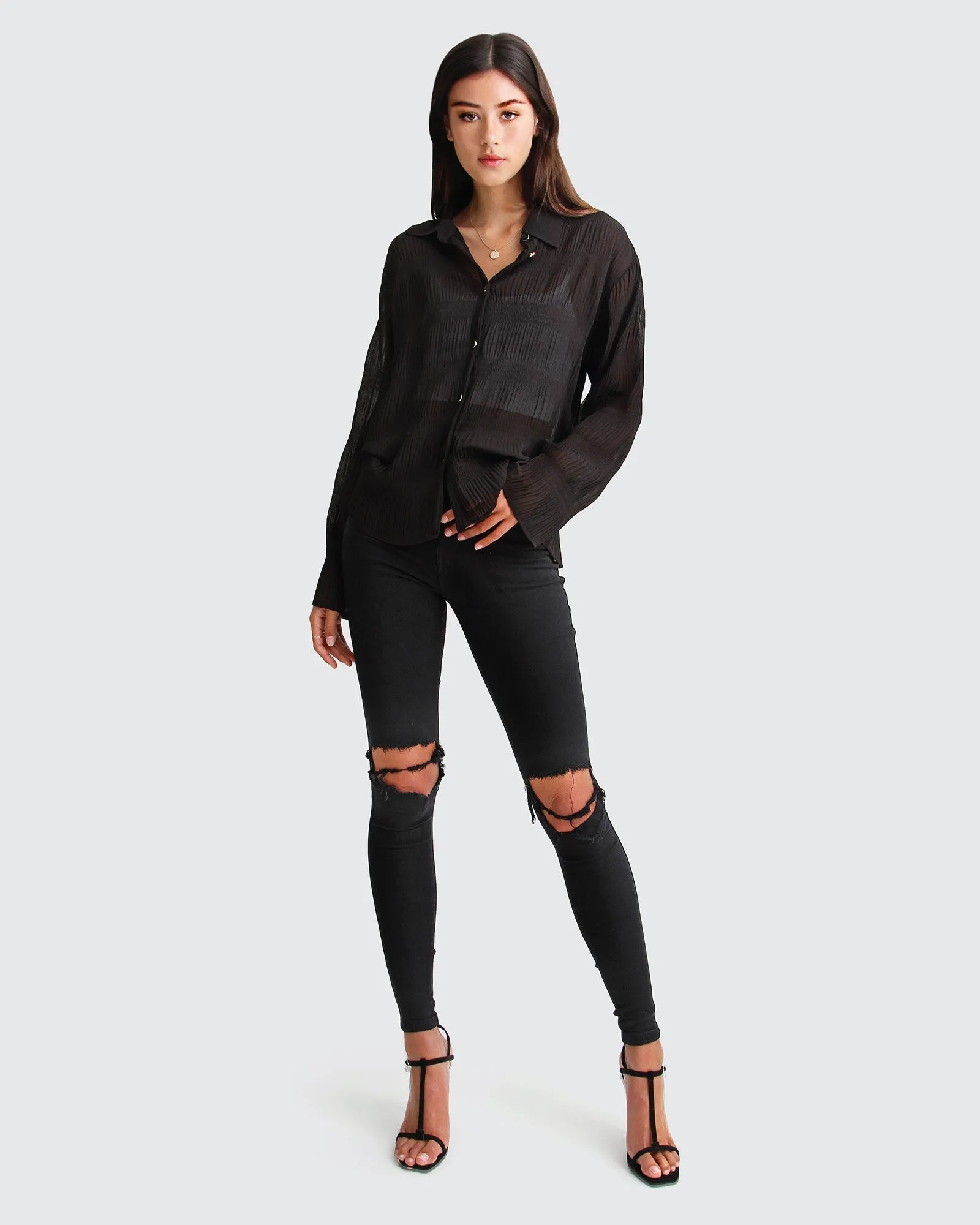 Yoko Shirred Chiffon Blouse  - Black