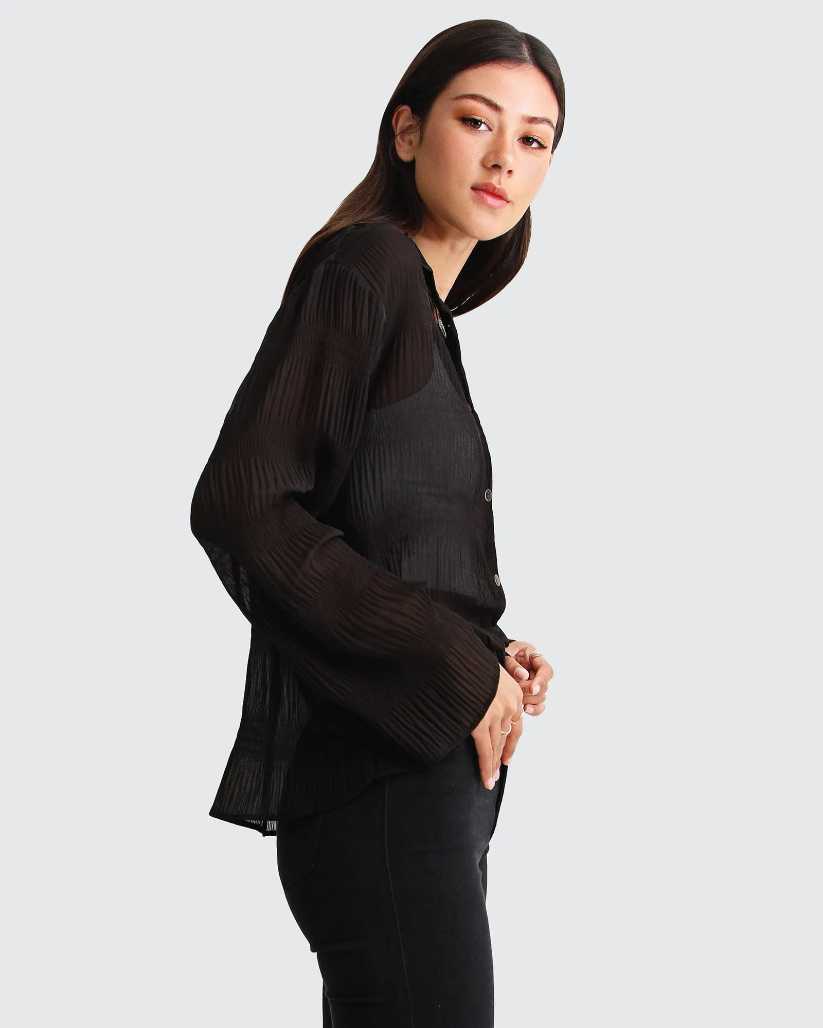 Yoko Shirred Chiffon Blouse  - Black